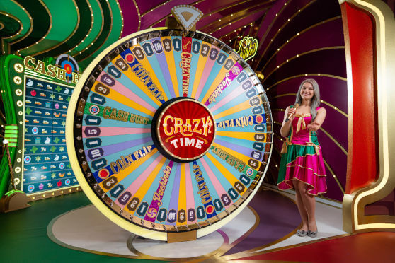 Crazy Time bonus collage — bold color, kinetic edits, and gameplay propelled by pure pace